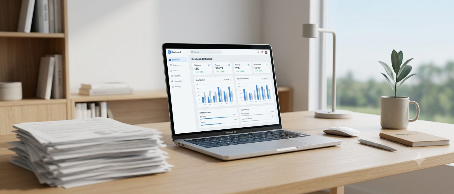 A manual paperwork process being replaced by a clean dashboard on a laptop