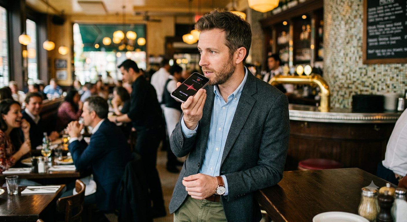 A business owner recording a quick voice memo on their phone between jobs
