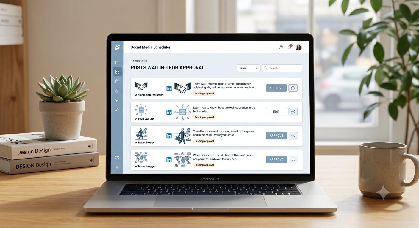 A laptop showing a queue of drafted social media posts awaiting a quick approval