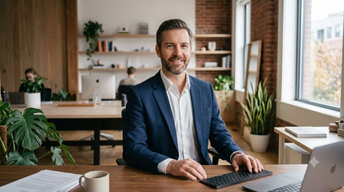 A small-business owner working confidently at a tidy desk in a modern office
